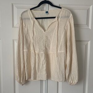 OLD NAVY Oversized Embroidered Cutwork Tie-Neck Blouse BOHO Cream Size Large